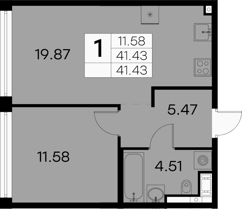 1-комнатная квартира 41.43 м², 14/19 эт., ЖК «GloraX Aura Vasileostrovsky»